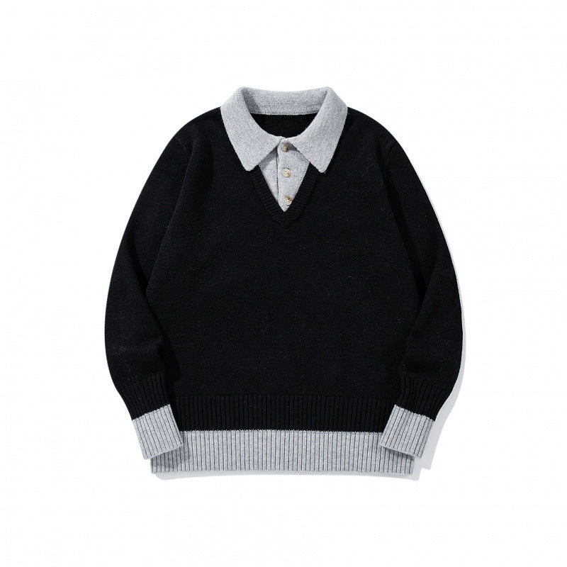 Men's Oversized Fine Knit Polo with Contrast Trim Shirt Collar and Ribbed Cuffs Chichicherry