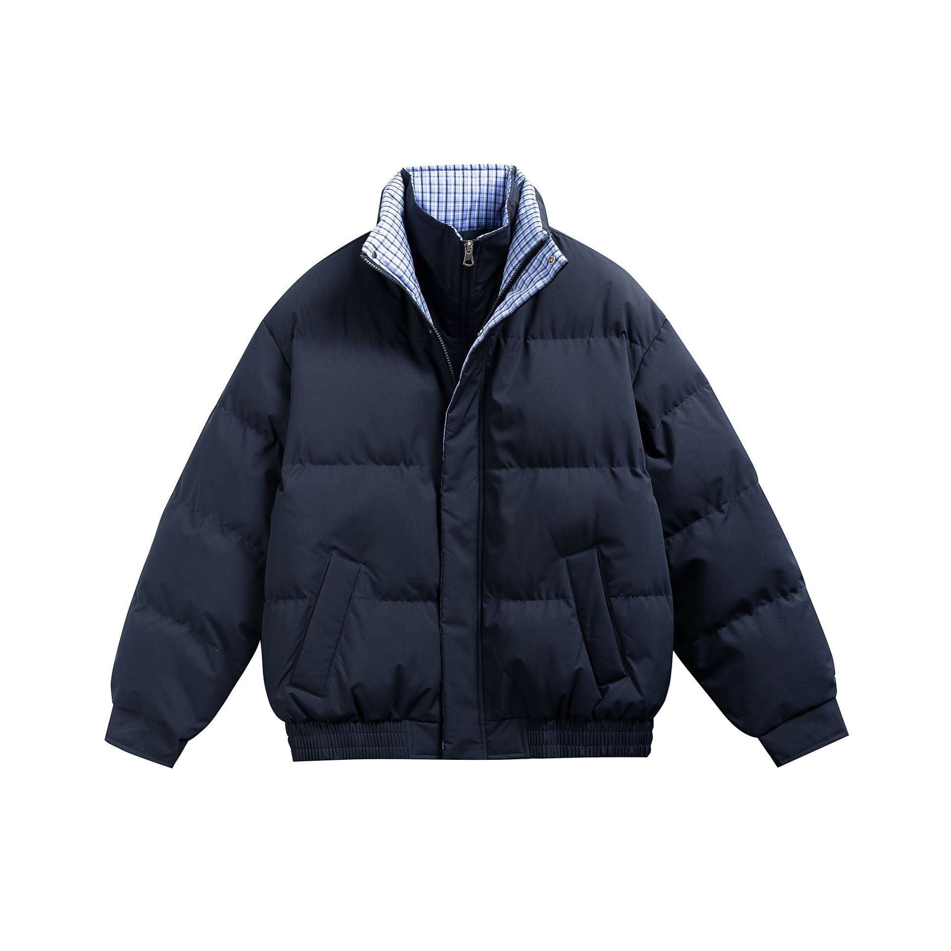 Men's Quilted Bomber Jacket with Checkered Inner Collar and Elastic Hem Chichicherry