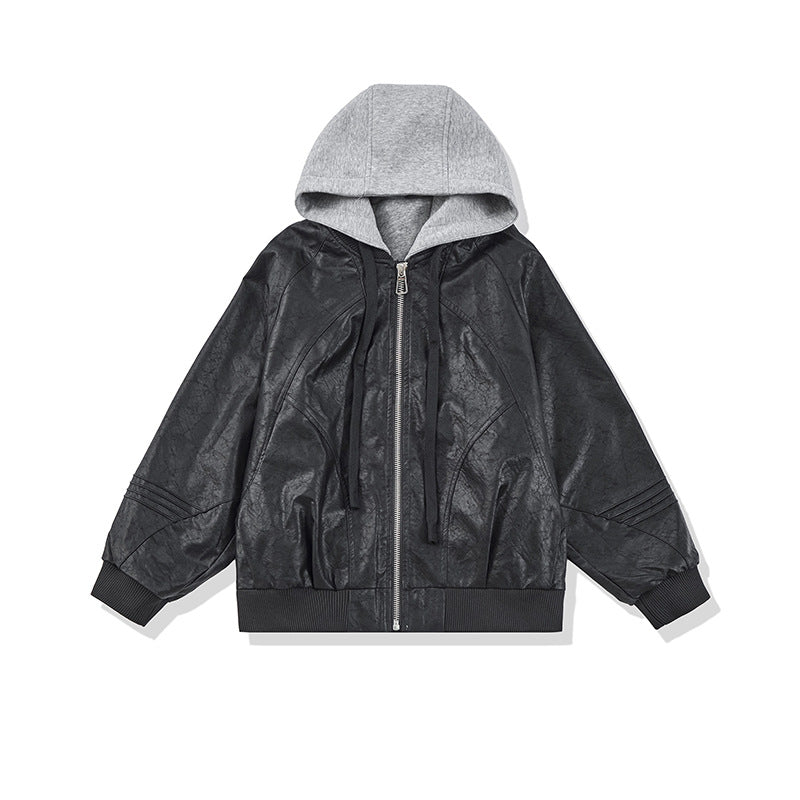 Unisex Wide Cut Faux Leather Bomber Jacket with Contrast Hood and Ribbed Cuffs Chichicherry