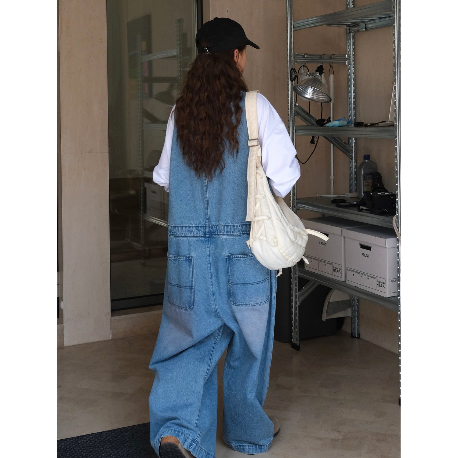 Women's Loose Denim Overalls in Baggy Style with Deep V-Neck and Button Placket Chichicherry
