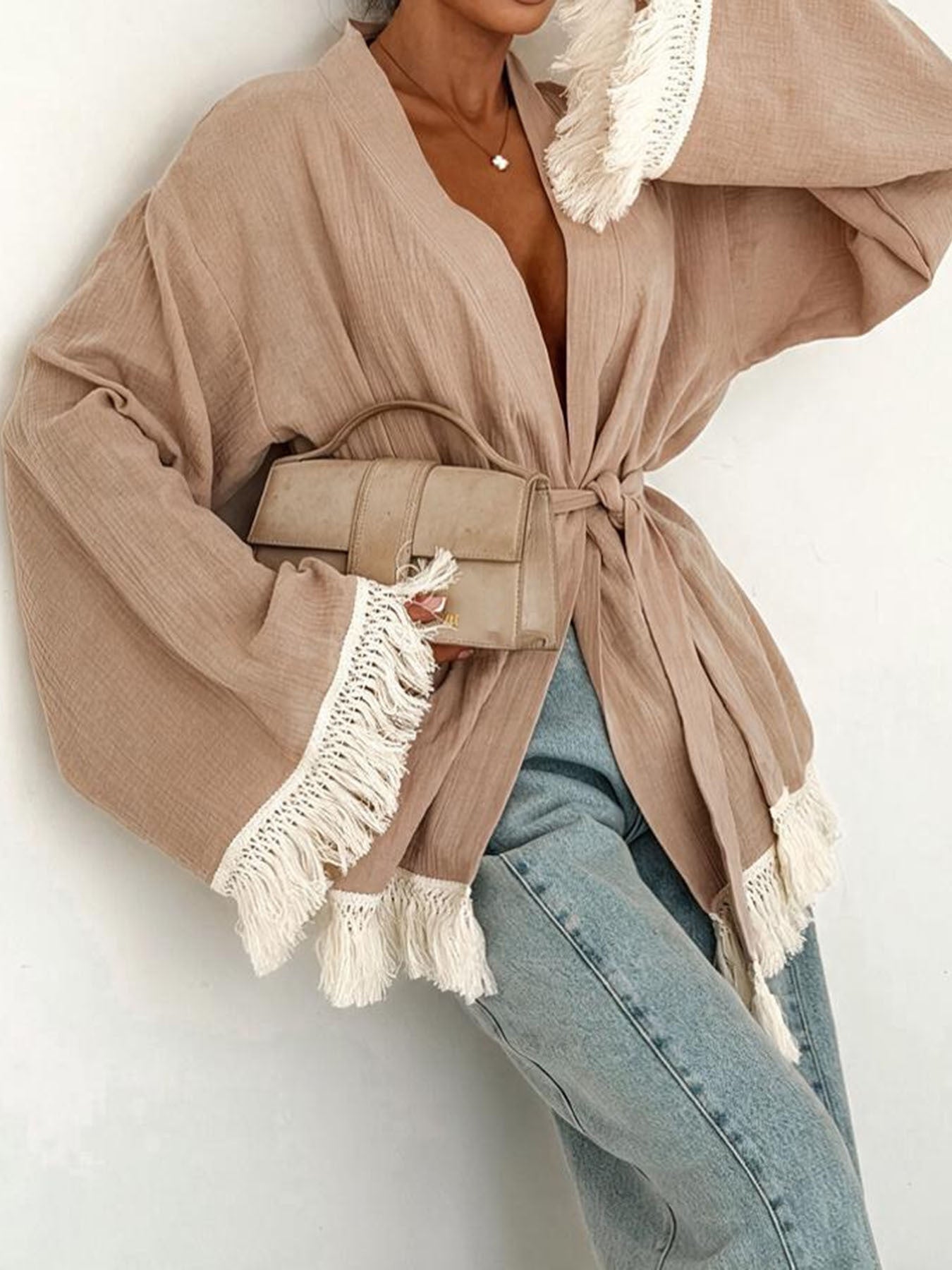 Damen Fransen-Kimono-Jacke aus Leinenoptik mit Taillengürtel Chichicherry