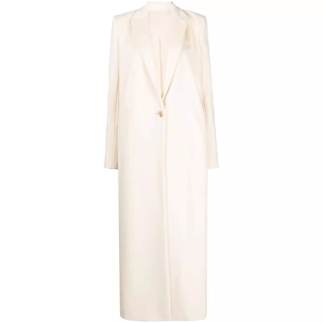 Women's Longline Wool Coat with Single Button Closure and Tailored Lapel Chichicherry