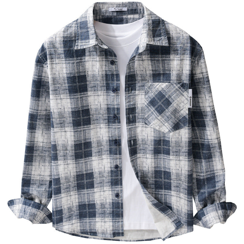 Men's Lightweight Checkered Layering Overshirt made of Cotton-Linen Blend with Diagonal Chest Patch Chichicherry