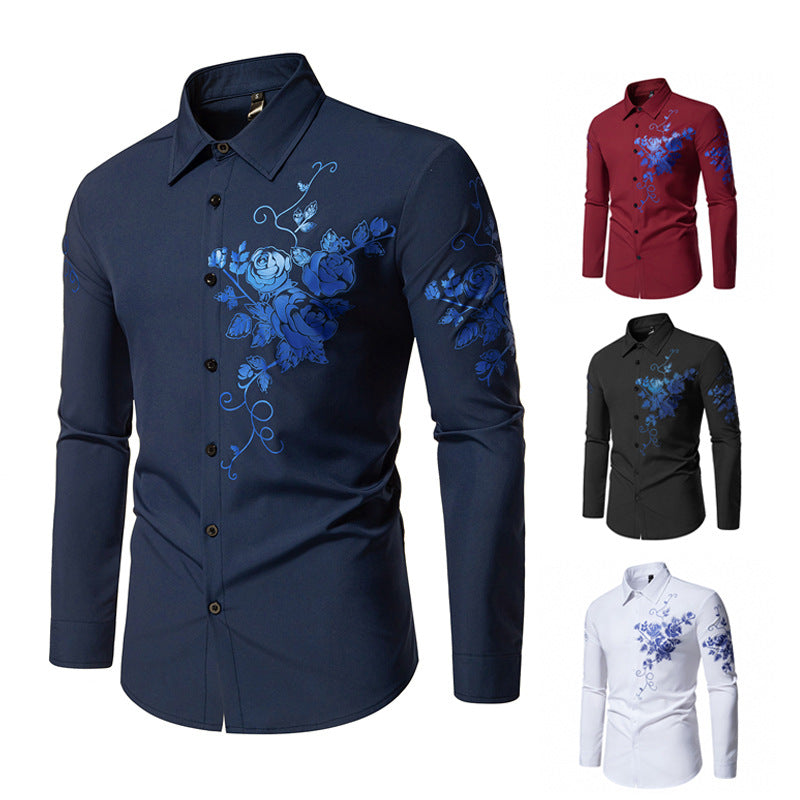 Men's Slim-Fit Long Sleeve Shirt with Floral Print and Tailored Cut Chichicherry