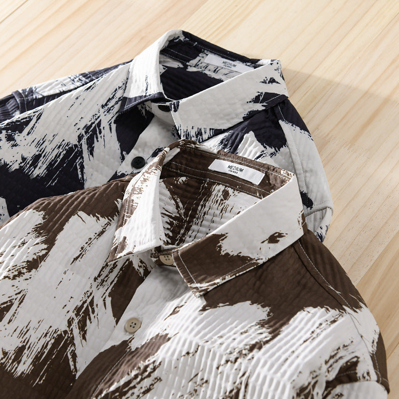 Men Creped Overshirt Jacket with Abstract Brush Print and Chest Pocket Chichicherry