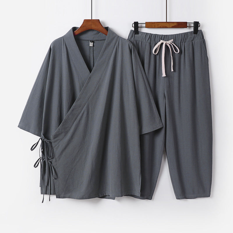 Men's Kimono Loungewear Set with Wrap Top, Drawstring Waist Pants and Loose Fit Chichicherry