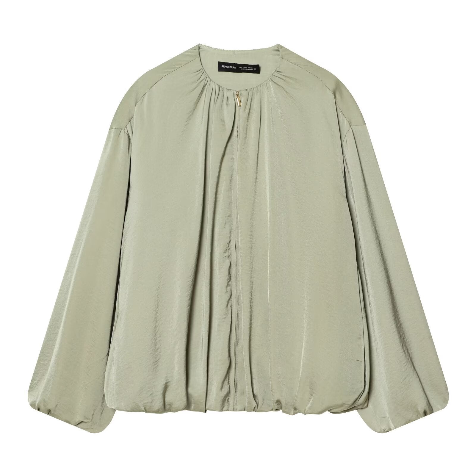 Women's Lightweight Cropped Blouson Jacket with Round Neck, Balloon Sleeves, and Drawstring Hem Chichicherry