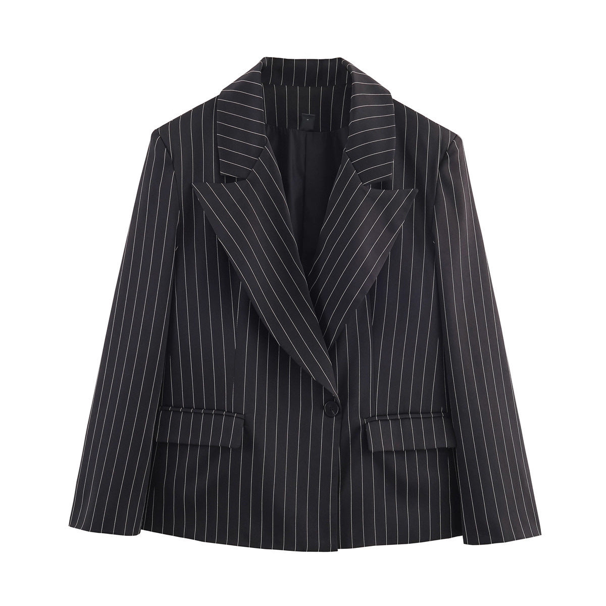 Ladies pinstriped blazer with wide lapels, single-button closure, and flap pockets Chichicherry