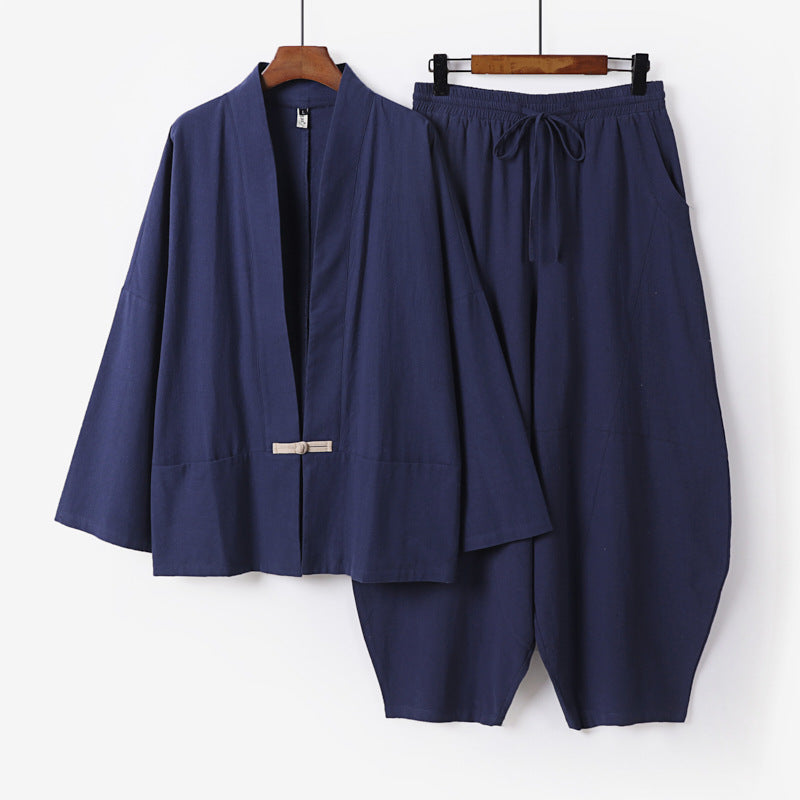 Men's Kimono Loungewear Set with Short Shawl Collar and Loose Harem Waist Pants Chichicherry