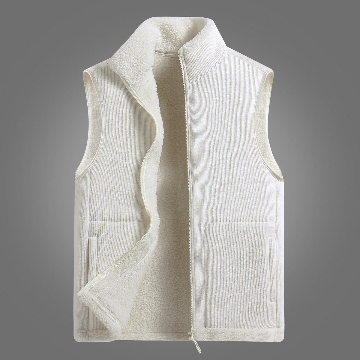 Women's Lightweight Sherpa Layered Vest with Ribbed Exterior Material, High Stand Collar and Front Pockets Chichicherry