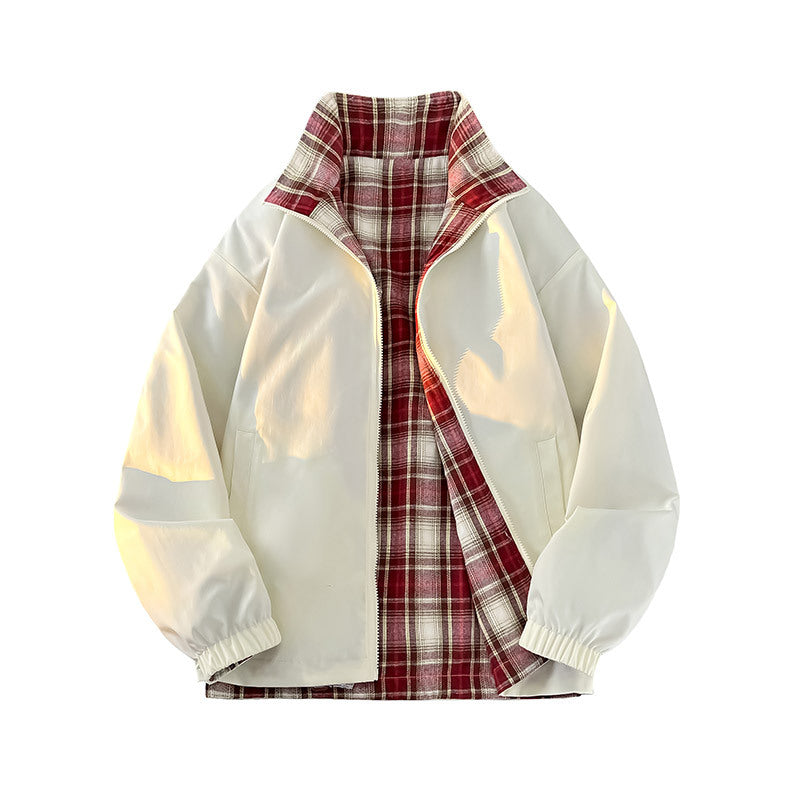 Unisex Reversible Utility Jacket with checked lining, stand-up collar and elastic cuffs Chichicherry