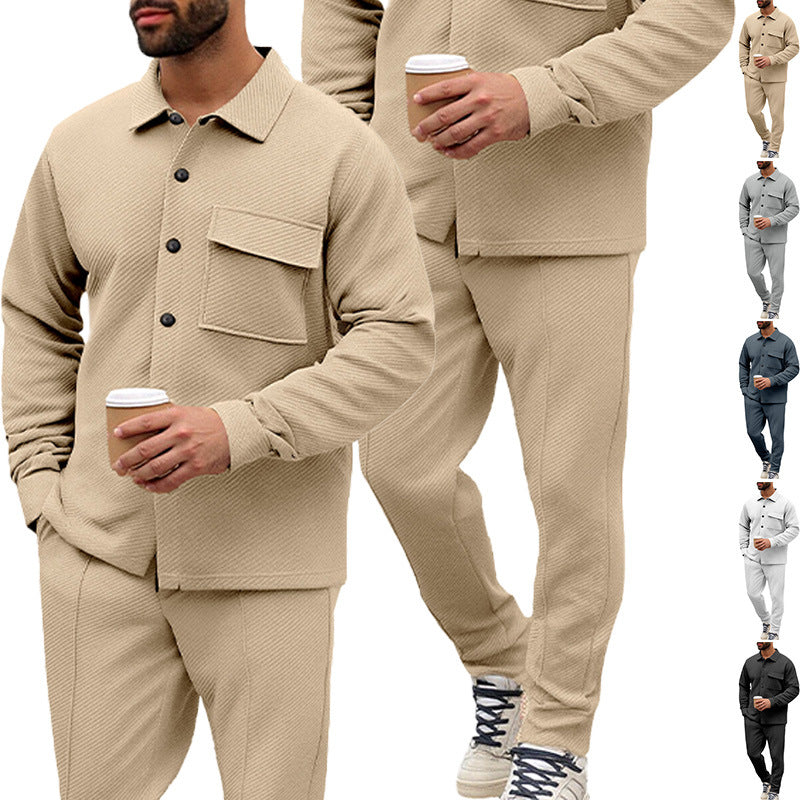 Men's Comfort Two-Piece Waffle Structure Shirt Jacket with Flap Pocket and Relaxed Cuff Pants Chichicherry