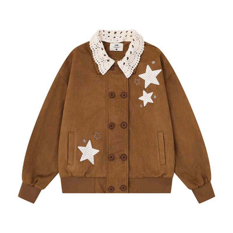 Women's buttoned oversized sweat jacket with crocheted collar and star appliqués Chichicherry