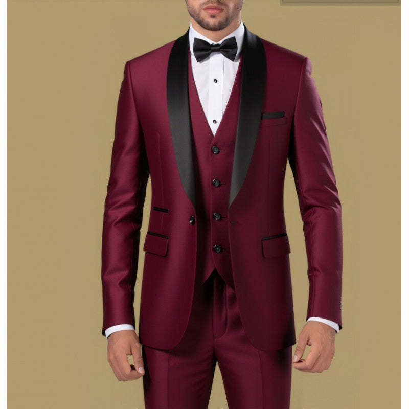 Men's Tailored Three-Piece Tuxedo with Shawl Collar and Satin Lapel Chichicherry
