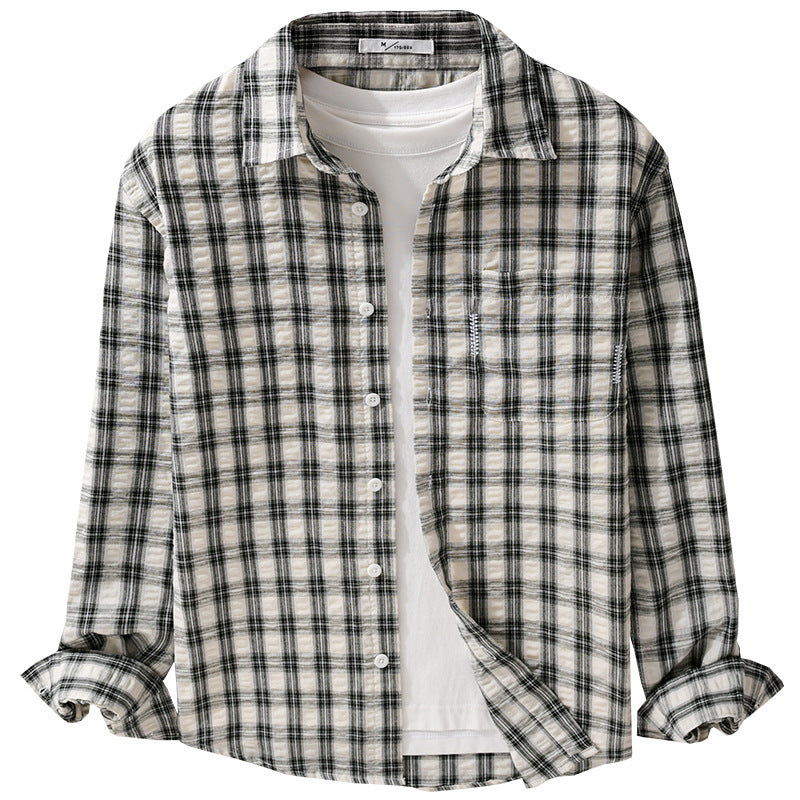 Men's Lightweight Checkered Cotton Overshirt with Soft-Crinkle Structure, Chest Pocket, and Relaxed Fit Chichicherry