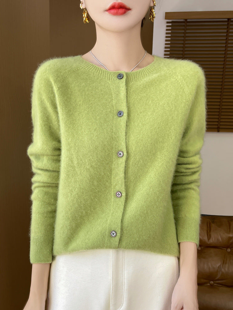 Ladies Cozy Short Cardigan made of Mohair Mix with fine Virgin Wool Structure and Pearly Button Placket Chichicherry