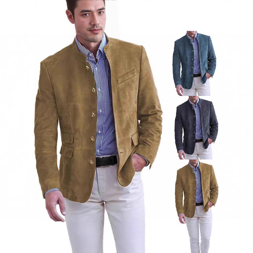 Men's Suede Blazer with Stand-up Collar and Flap Pockets Chichicherry