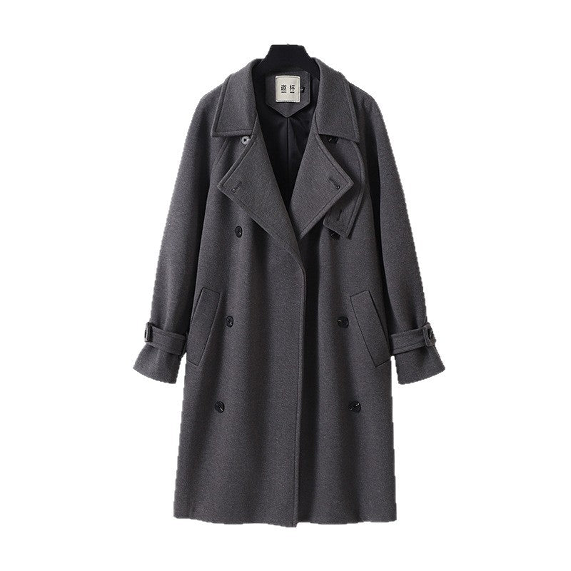 Men's Maxi Length Double-Breasted Wool Blend Coat with High Stand Collar and Tie Belt Chichicherry
