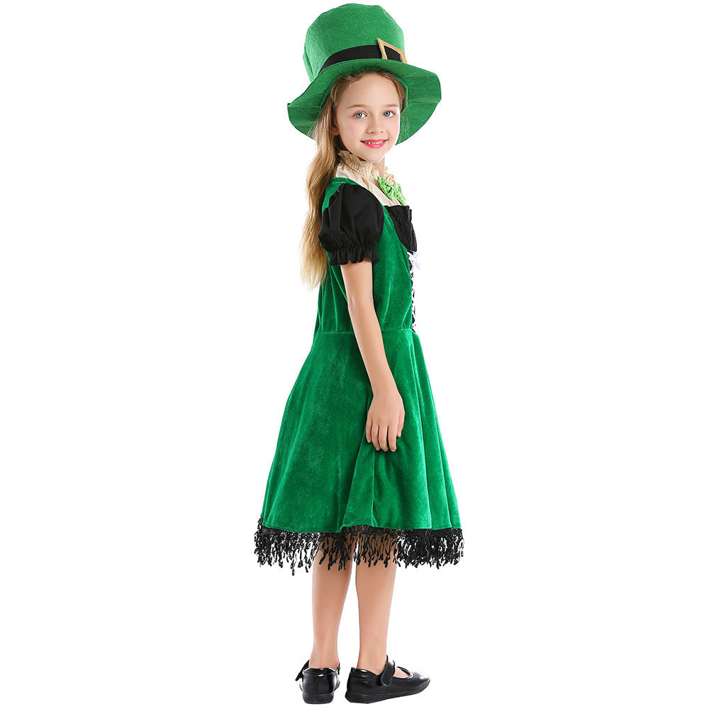 Girl Leprechaun Costume with Green Hat and Fringe Chichicherry