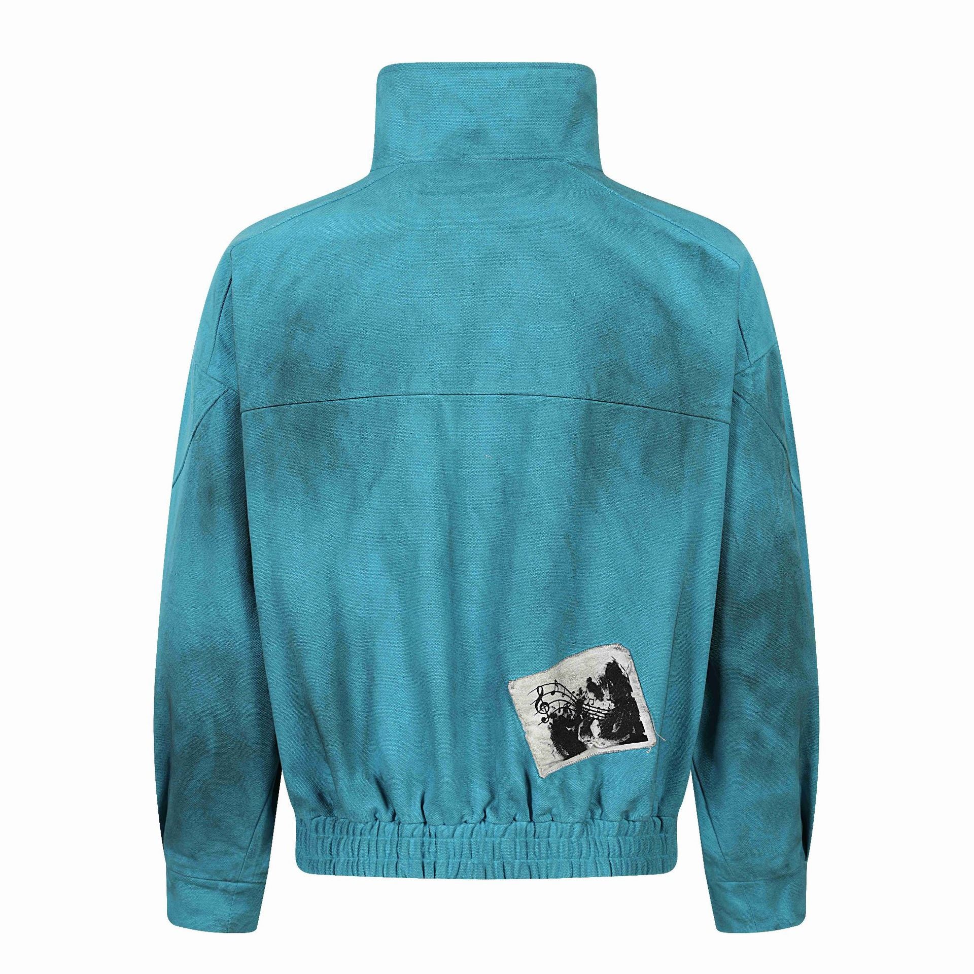 Women's Short Boxy Blouson with High Standing Collar, Applied Patches, and Elastic Hem