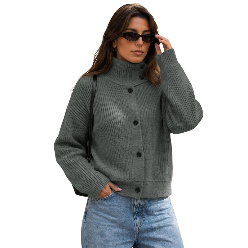 Women's short-cut ribbed knit cardigan with stand-up collar and button placket Chichicherry