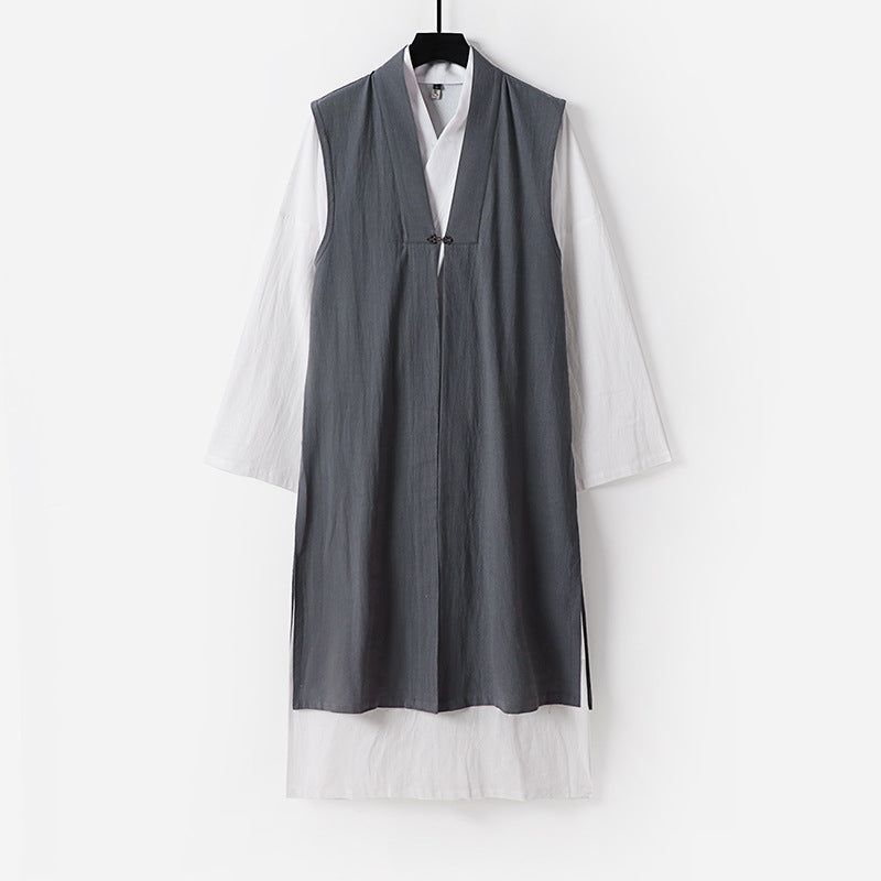 Ladies Long Sleeveless Kimono Vest with Minimalist Lines and Decorative Toggle Closure Chichicherry