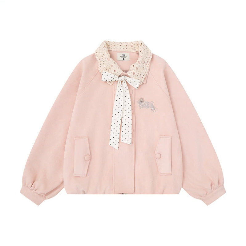 Women's Short Bomber Jacket with Crochet Collar and Ribbon Chichicherry