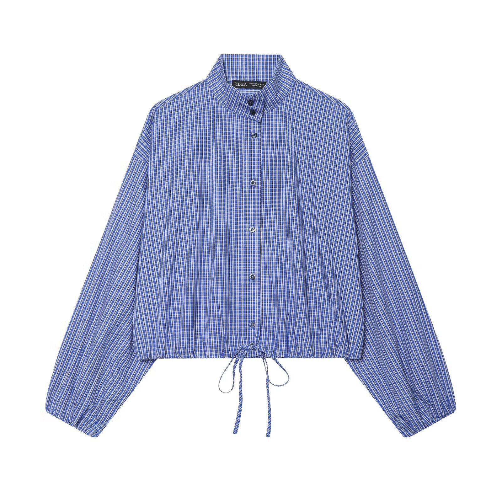 Women's checkered short-cut blouse shirt with stand collar, balloon sleeves, and drawstring