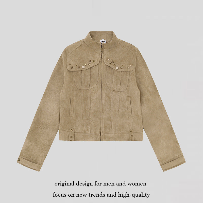 Women's short cut suede jacket with stand-up collar, decorative studs and flap pockets Chichicherry