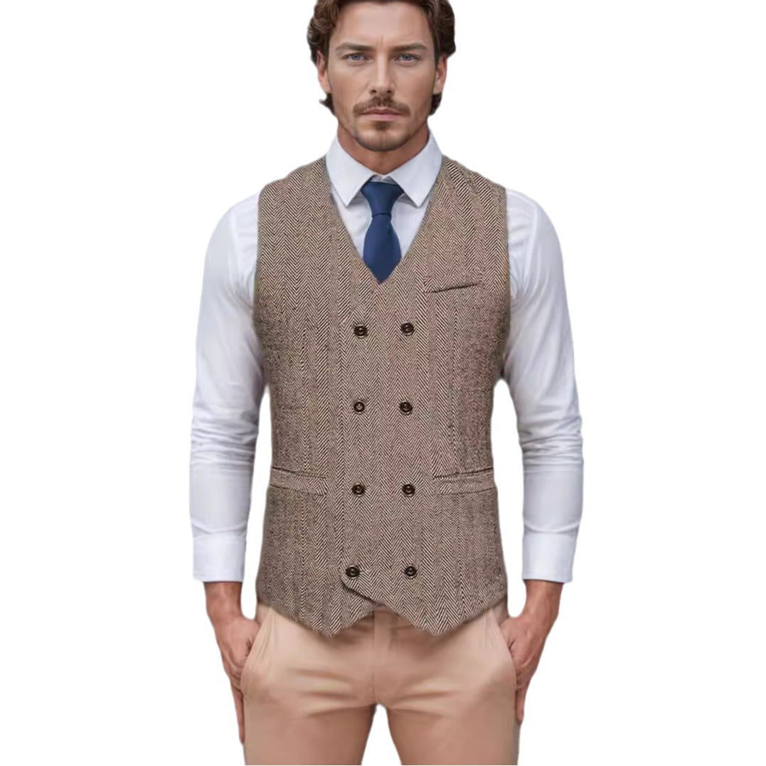 Men's Double-Breasted Herringbone Vest with Suit Look and V-Neck Chichicherry