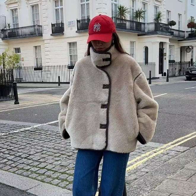 Women's Short Cropped Oversized Teddy Coat with Stand Collar and Contrast Piping Chichicherry