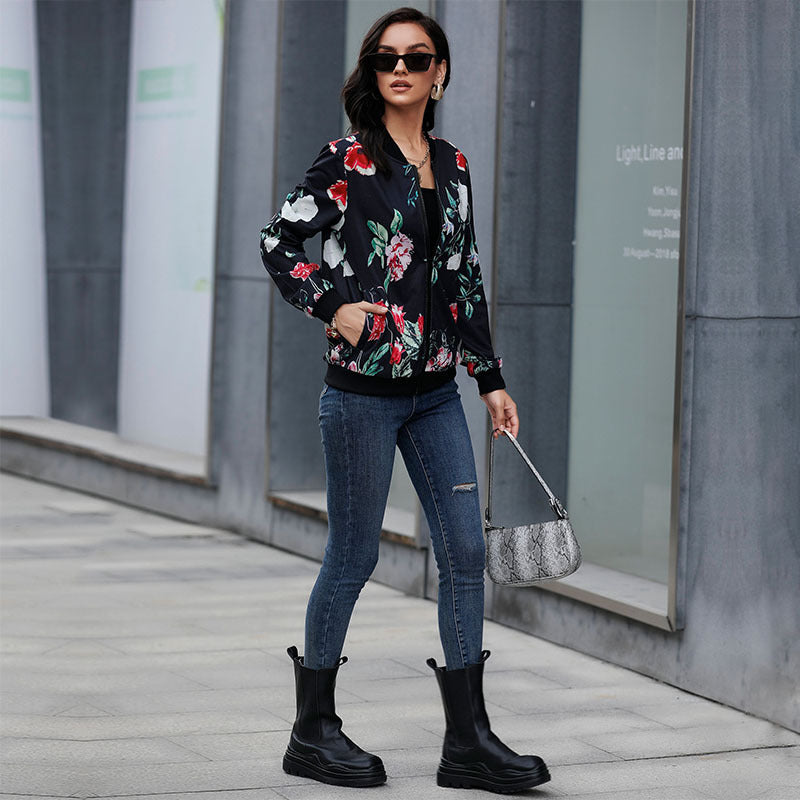 Women's floral bomber jacket with zipper, ribbed cuffs, and side pockets Chichicherry