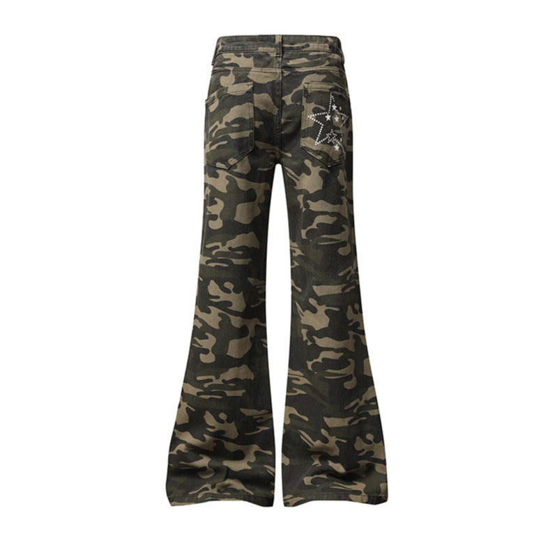 Women's Wide High-Waist Palazzo Jeans in Camouflage Print with Star and Text Applications, Flared Pants Chichicherry