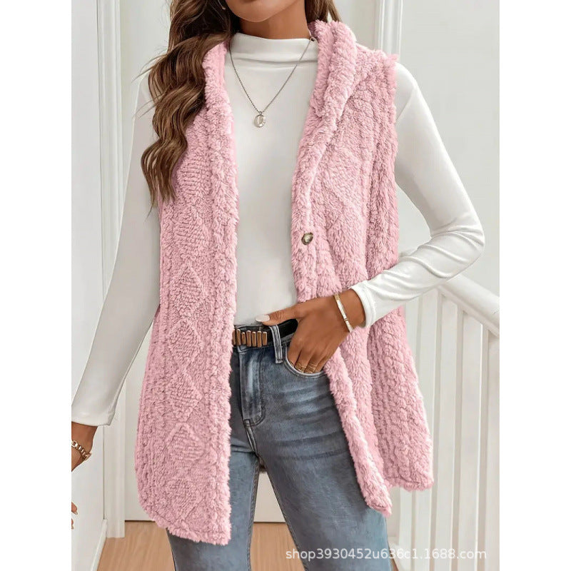 Women's Hooded Teddy Vest with Structured Cable Knit Pattern and Decorative Button Placket Chichicherry