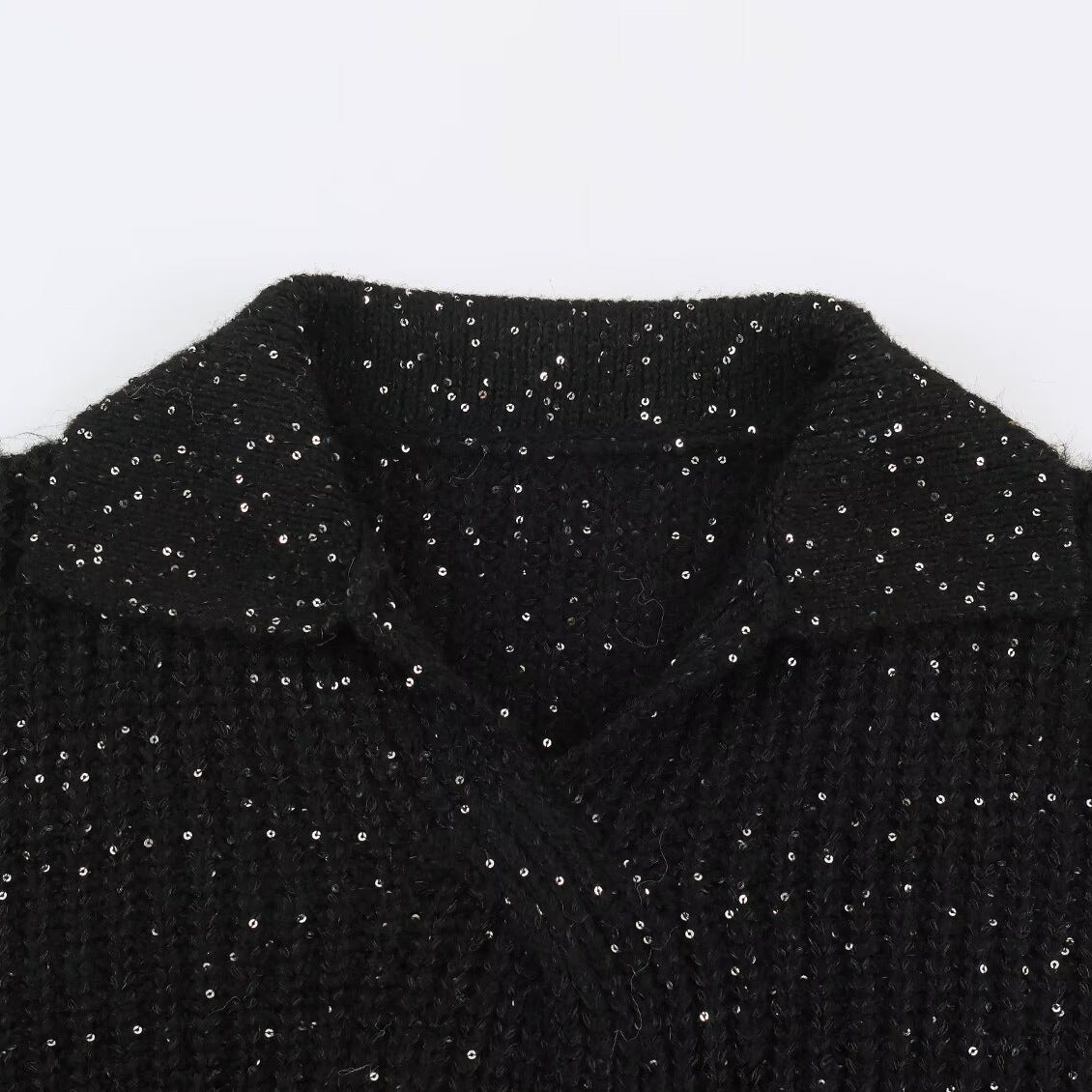 Women's Chunky Knit Sweater with Wide Lapel Collar and Sequin Trim Chichicherry