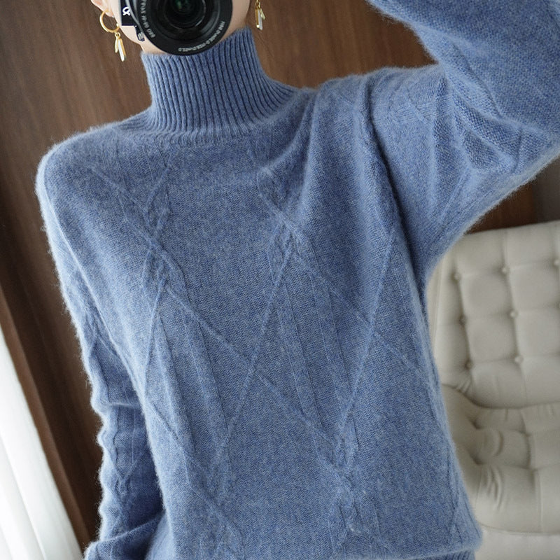 Women's Soft Mohair-Look Sweater with High Ribbed Collar, Cable Knit Pattern, and Boxy Oversized Fit Chichicherry
