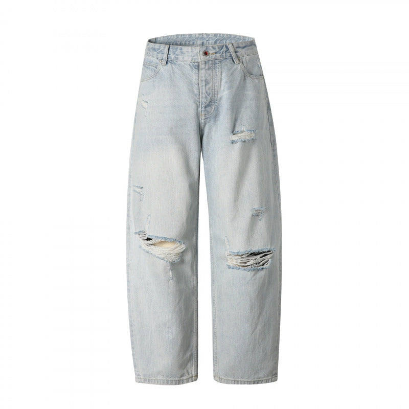 Ladies Baggy Denim Pants with High Waist, Destroyed Details and Straight Leg Chichicherry