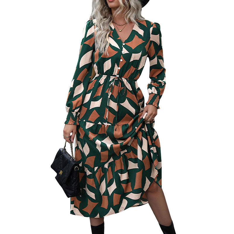 Women's Long Tiered Maxi Dress with Graphic Print, V-Neck, Drawstring Waist and Gathered Cuffs Chichicherry