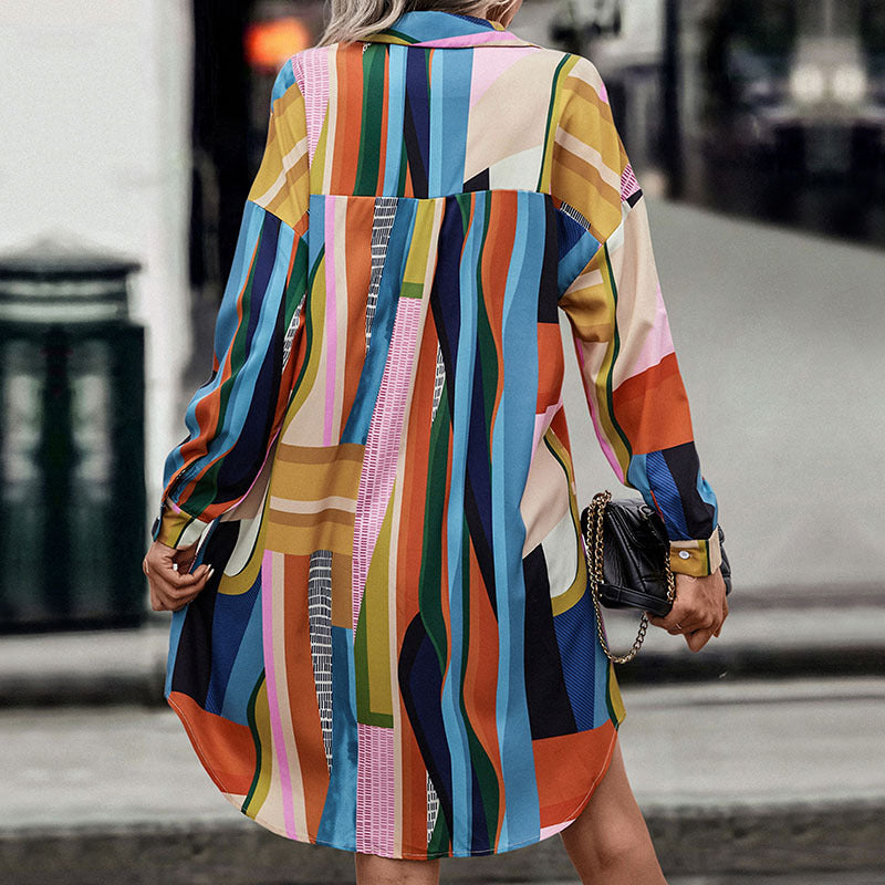 Women's shirt dress with graphic block stripes, fitted belt & continuous button placket Chichicherry