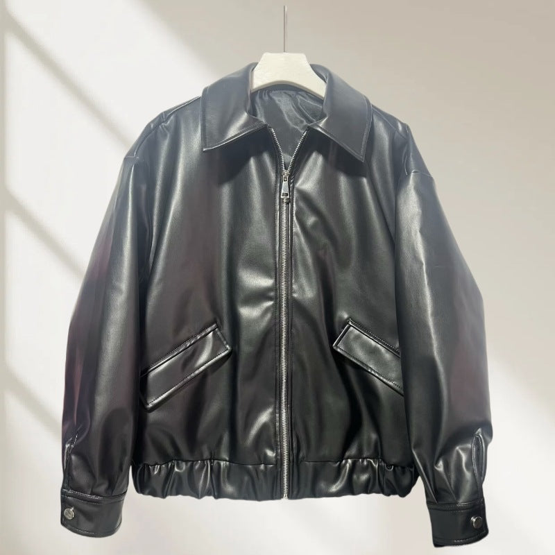 Women's Oversize Faux Leather Bomber Jacket with Zipper, Elastic Hem and Flap Pockets Chichicherry