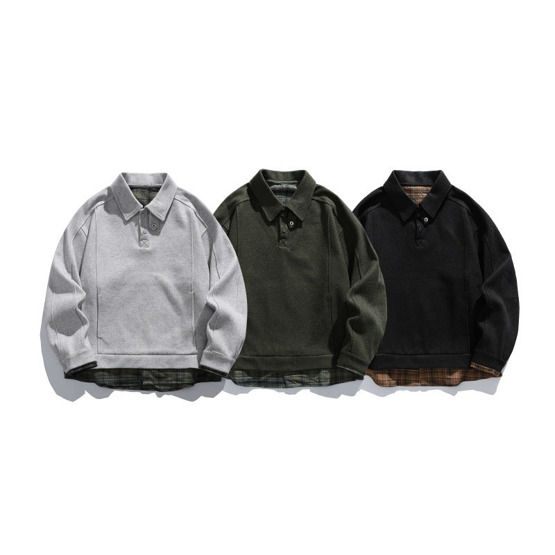 Men's Long-Sleeved Polo Sweatshirt with Kent Collar, Button Placket and Integrated Check Layer Chichicherry