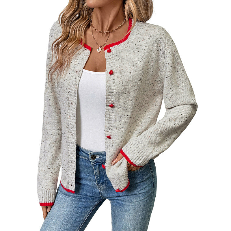 Women's Short Cut Boucle Cardigan with Contrast Cuffs and Decorative Heart Buttons Chichicherry