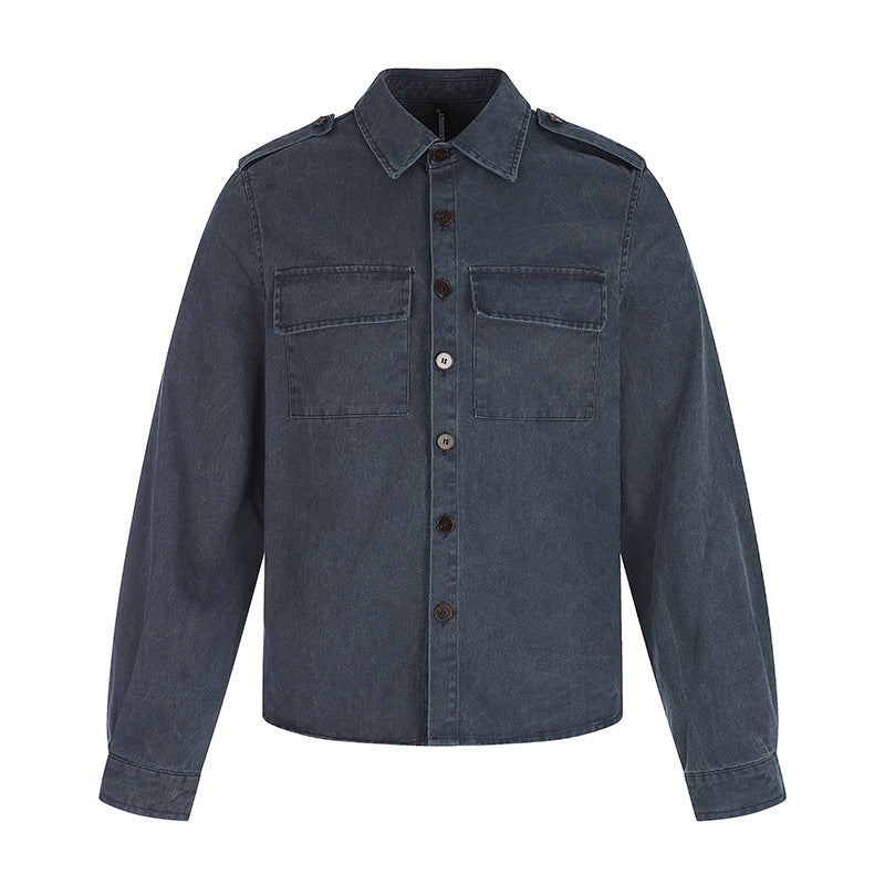 Women's Oversized Utility-Style Denim Shirt Jacket with Shoulder Straps and Patch Chest Pockets Chichicherry