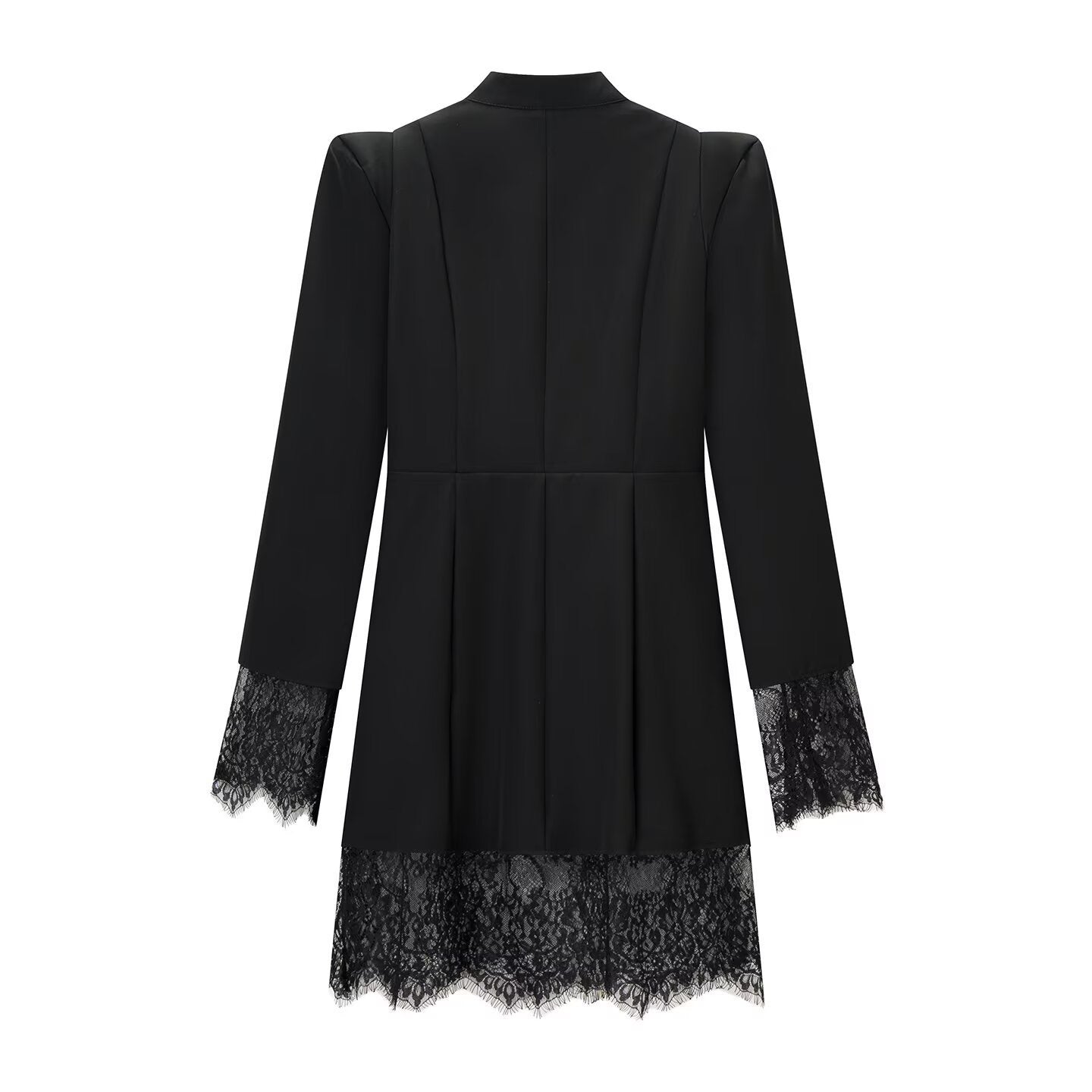 Women's Long Sleeve Mini Dress with Stand Collar, Cut-outs, Golden Decorative Buttons and Lace Trim Chichicherry