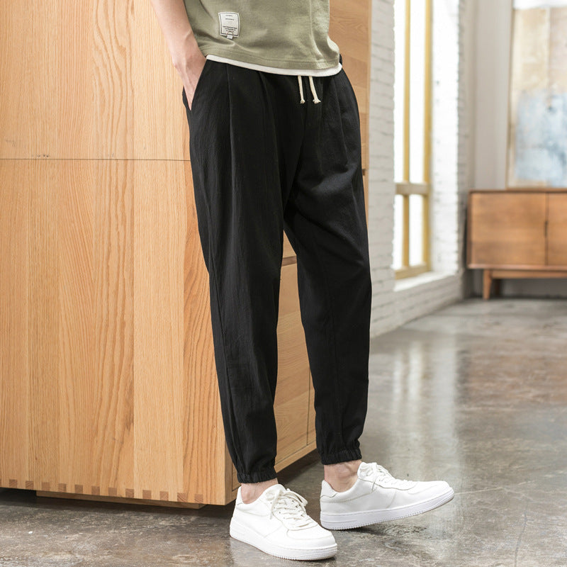 Men's Relaxed-Fit Linen Blend Jogging Pants with Pleats, Drawstring, and Elastic Cuffs Chichicherry