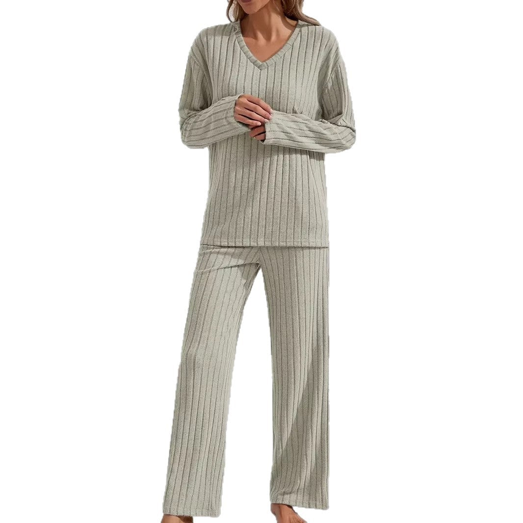Women Two-Piece Ribbed Lounge Set with V-Neck and Wide Leg Chichicherry
