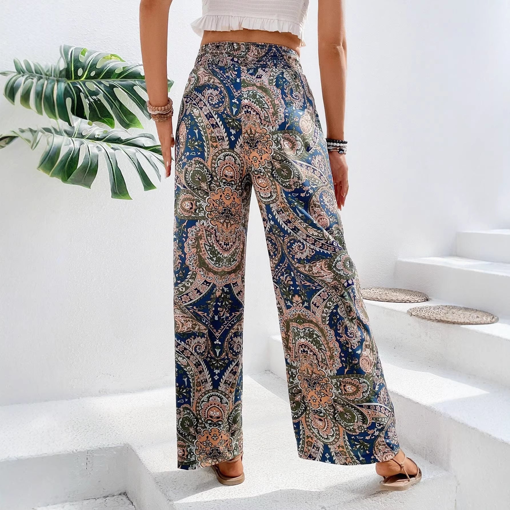 Ladies wide summer trousers in linen look with elastic waistband and paisley print Chichicherry