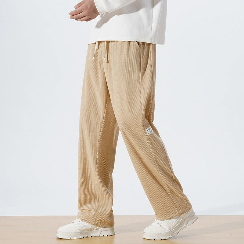 Men's Loose Cord Pants in Relaxed Fit with Drawstring Waist & Straight Leg Chichicherry