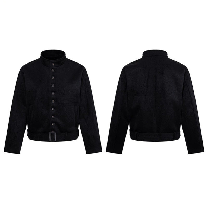 Men's Short Wool Blend Jacket with Stand-up Collar, Full Button Placket and Waist Belt Chichicherry