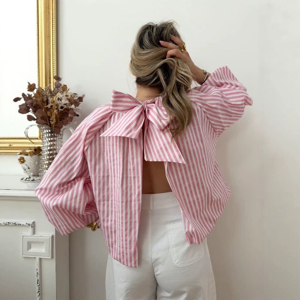 Women Backless Striped Blouse Top with Bow Collar Chichicherry